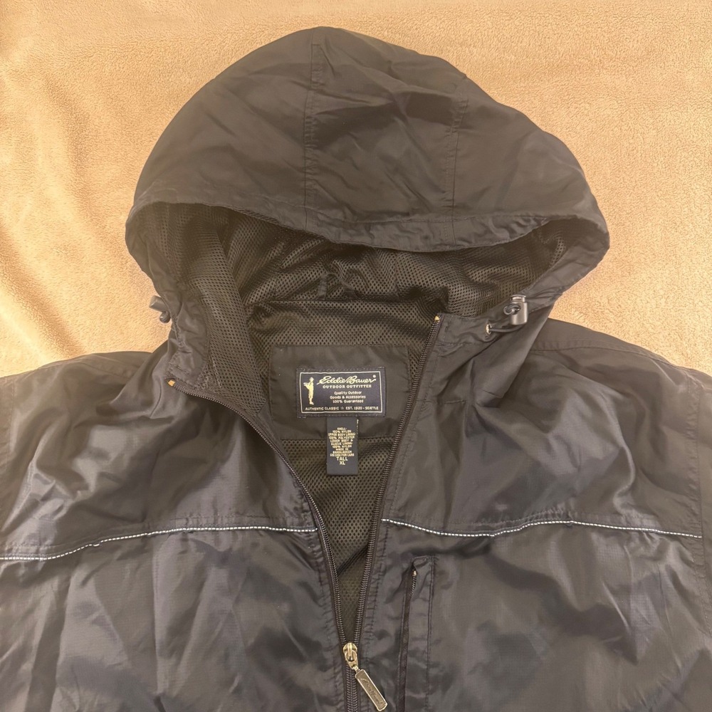 Vintage Eddie Bauer Black Hooded Windbreaker 90's Jacket Coat Outdoor Sz XL Tall - Picture 3 of 13
